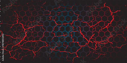 Abstract dark hexagon pattern on red neon background technology style. Modern futuristic geometric shape web banner design. You can use for cover template, poster, flyer, print ad. Vector illustration