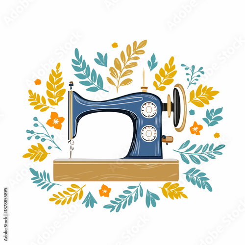 Vintage sewing machine illustration surrounded by botanical elements design