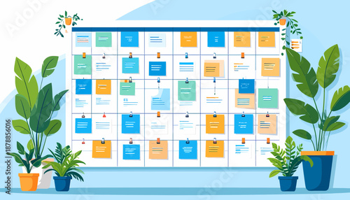 Kanban board with sticky notes representing tasks and workflow progression, surrounded by plants, symbolizing organization and productivity