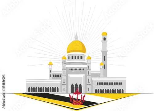 Brunei Darussalam Mosque Landmark Illustration with Golden Dome and Brunei Flag Colors, Islamic Architecture Background for National Day Independence Celebration, Minimal Modern Vector Design