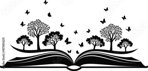 Open book with trees and flying butterflies silhouettes, dreamy nature scene, isolated on white background, ideal for education, fantasy, illustration, and vector design