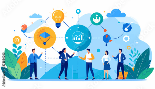 Business team collaborating on a project with growth chart, lightbulb, and graduation cap icons, symbolizing innovation and success