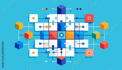 Abstract digital art illustration of interconnected geometric blocks forming a complex structured network, representing data or strategy