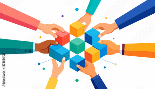 Diverse hands collaboratively building a vibrant, abstract geometric structure, symbolizing teamwork, unity, and shared success in a modern, dynamic setting