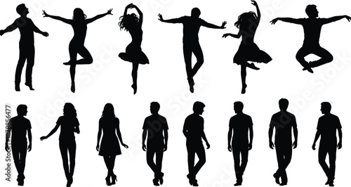 People silhouettes dancing and walking poses, men and women, dynamic movement, modern dance lifestyle concept, black vector illustration set design
