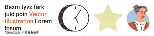 Time management, achievement, role models, elderly care, recognition, personal identity. Clock, star and elderly woman portrait. Time management and personal identity concepts