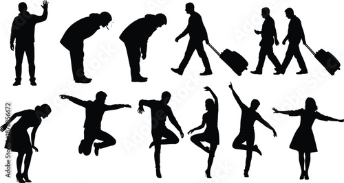 People silhouettes showing fatigue, travel, walking, jumping, dancing poses, men and women actions, lifestyle concept, black vector illustration set design