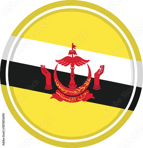 Brunei Darussalam Flag Emblem Badge Icon in Circle Frame, Brunei National Crest with Red Yellow Black White Colors, Modern Minimal Round Sticker Logo Style Vector Illustration
