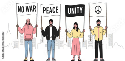 Four diverse people holding banners advocating for peace, unity, and against war, standing in front of a city skyline illustration.