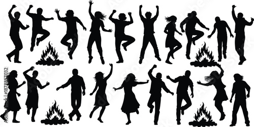 Silhouette people dancing and jumping around bonfire, celebration festival crowd, joyful movement, night party concept, black figures illustration