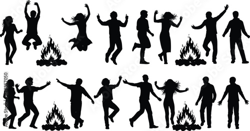 Silhouette people dancing around bonfire, joyful festival celebration, energetic crowd movement, night party concept, black figures illustration design