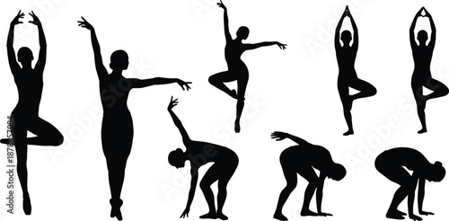 Yoga and ballet silhouettes, graceful female figures performing balance poses, flexibility and wellness exercises isolated on white background vector illustration set