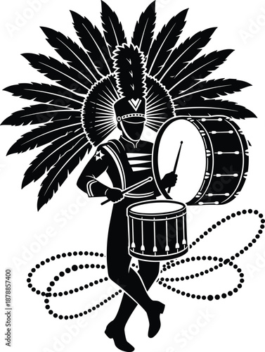Black and White Marching Band Drummer Vector Silhouette, Percussionist with Large Feather Headdress, Musical Parade Performance for Carnival and Festival Events