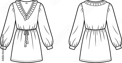 Technical Fashion Illustration of Women’s Dress with Ruffled Neckline, Puff Sleeves, and Drawstring Waist – Front and Back Views