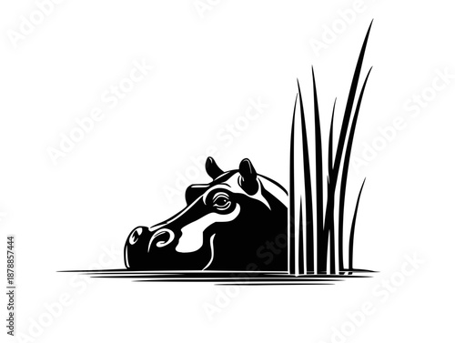 Hippo Head in Water Near Reeds Black and White Icon