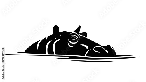 Hippo Swimming Low Profile Black and White Water Silhouette