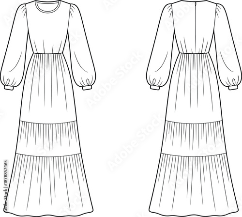 Technical Fashion Illustration of Women’s Tiered Long Dress with Puff Sleeves and Fitted Bodice – Front and Back Views