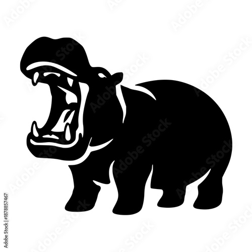 Yawning Hippo Full Body Black Silhouette Vector Style