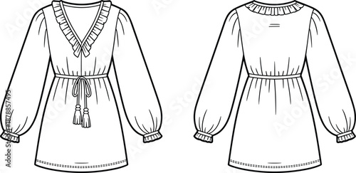 Technical Fashion Illustration of Women’s Tunic Dress with Ruffles, Puff Sleeves, and Drawstring Waist – Front and Back Views