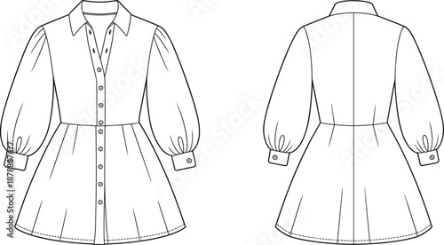 Women shirt dress technical fashion illustration with button front long puff sleeves front and back view flat vector line art
