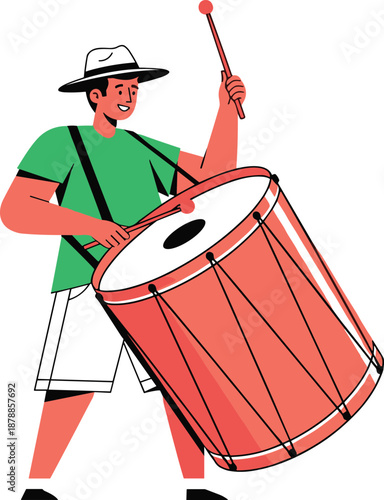 Cheerful Male Drummer Vector Illustration, Brazilian Carnival Musician with Large Bass Drum and Sticks, Festive Party Street Performer, Cultural Celebration