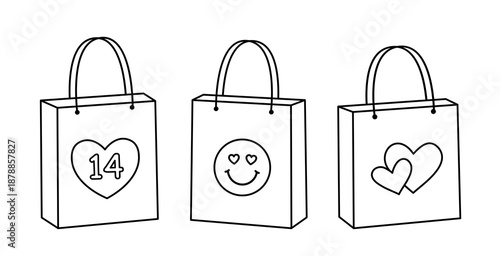 Set of Valentine shopping paper bag outline.
Valentine's Day gift bag coloring pages and templates.
White background.