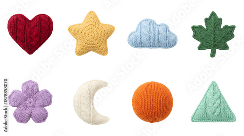 Knitted soft shape set including heart, star, cloud, leaf, flower, moon, sphere, and triangle isolated. Handmade textile craft and nursery decoration collection.