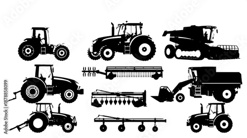 Professional farm equipment vector set, featuring tractors, plows, and harvesters, in a flat black design with crisp lines and no shading, set against a clean white background, showcasing a modern agr