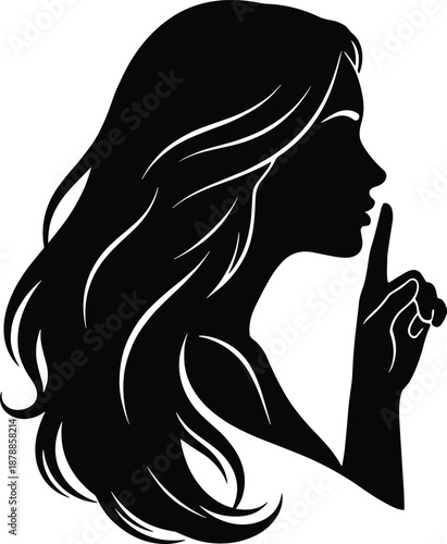 Silhouette woman with finger on lips gesture for silence, secrecy, mystery, privacy, quiet, confidential communication, black and white profile