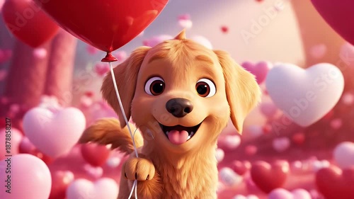 Cartoon Dog with Heart Balloons - An adorable cartoon puppy is holding a red heart-shaped balloon in a Valentine's Day themed setting.
