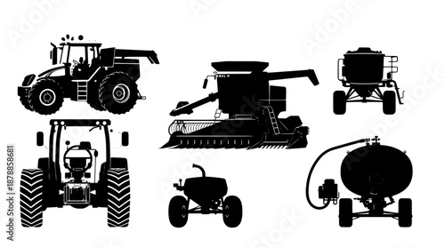 Black silhouette icons of various agriculture machinery in a vector art style, including a tractor in front view with prominent wheels and a rugged design, a harvester machine with intricate details a