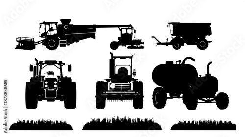 Black silhouette icons of various agriculture machinery in a vector art style, including a tractor in front view with prominent wheels and a rugged design, a harvester machine with intricate details a