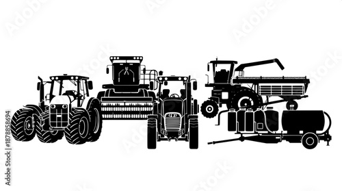 Black silhouette icons of various agriculture machinery in a vector art style, including a tractor in front view with prominent wheels and a rugged design, a harvester machine with intricate details a