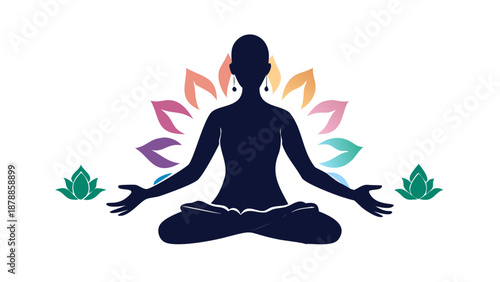 Symmetrical silhouette of a person sitting in lotus pose, meditation and mental health concept, zen vector.