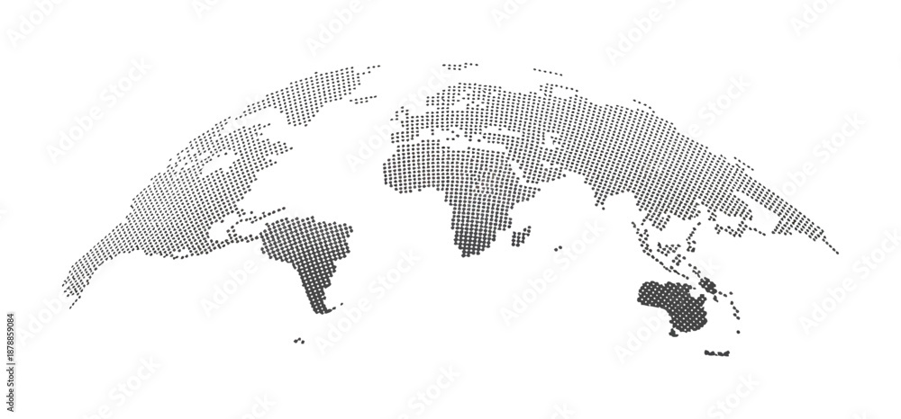 Fototapeta premium World Map Globe vector illustration of earth with dot pattern, 3D halftone pixel texture, abstract global map for international business and travel concept