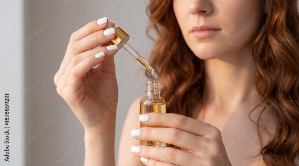 Fototapeta premium Closeup cropped woman holding facial oil dropper and bottle, warm natural light, gentle skincare routine, calm expression, clean nails, amber serum