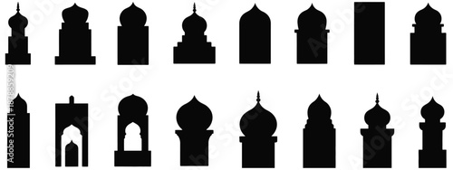 Islamic door and window vector collection, including mosque gates and window frames, ideal for eid, ramadan, diwali, and festival invitations, clean vector illustration 