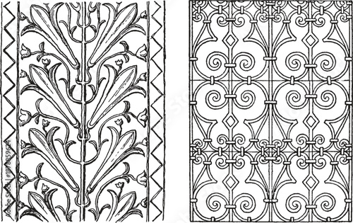 Vintage Ornamental Iron Gate and Floral Door Pattern Vector, Classic Architectural Decorative Line Art for Metalwork, Fence, Window Grill and Interior Design
