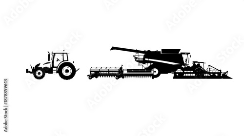 High contrast monochrome farming equipment artwork featuring simple geometric shapes and thick bold strokes in a flat vector style, showcasing a collection of agricultural machinery including tractors