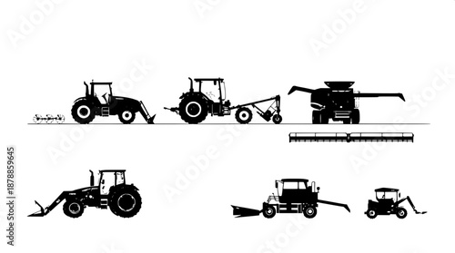 High contrast monochrome farming equipment artwork featuring simple geometric shapes and thick bold strokes in a flat vector style, showcasing a collection of agricultural machinery including tractors