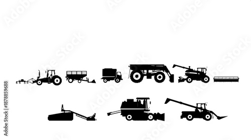 High contrast monochrome farming equipment artwork featuring simple geometric shapes and thick bold strokes in a flat vector style, showcasing a collection of agricultural machinery including tractors