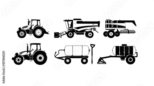 Minimalist black vector illustration of farm machines including a detailed tractor with large wheels and a sleek body, a combine harvester with rotating blades, a dump truck with an open cargo bed, an