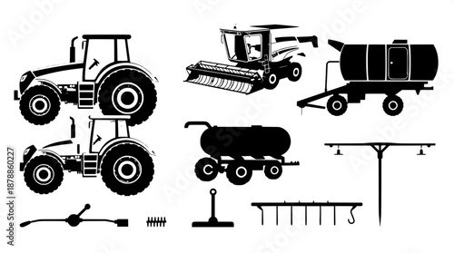 Minimalist black vector illustration of farm machines including a detailed tractor with large wheels and a sleek body, a combine harvester with rotating blades, a dump truck with an open cargo bed, an