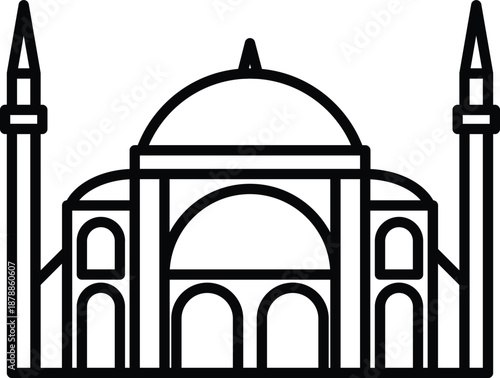 Mosque Line Icon Vector, Islamic Architecture Landmark with Minarets, Masjid Outline Symbol for Religion, Ramadan, Hajj and Muslim Culture