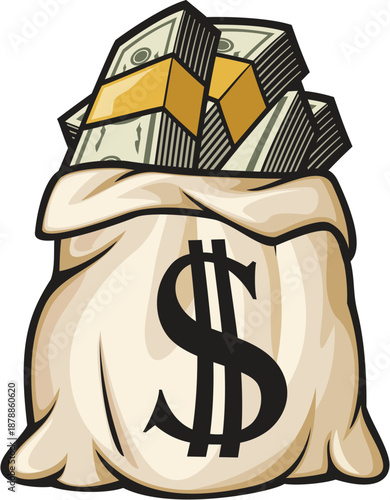 Money Bag with Cash Vector Illustration, Wealth and Finance Icon, Dollar Savings and Investment Symbol for Business, Banking, Profit and Economy Design