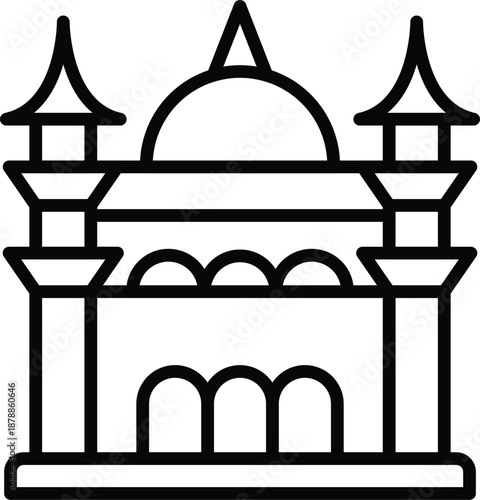 Mosque Line Icon Vector, Islamic Architecture Landmark with Minarets, Masjid Outline Symbol for Religion, Ramadan, Hajj and Muslim Culture