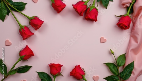Minimalist Valentine's Day Roses Arrangement on Blush Pink Background with Copy Space for Romantic Greetings and Love Notes.