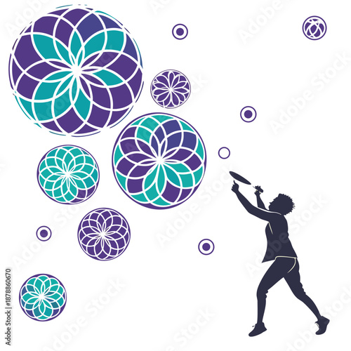 Silhouette playing with geometric orbs