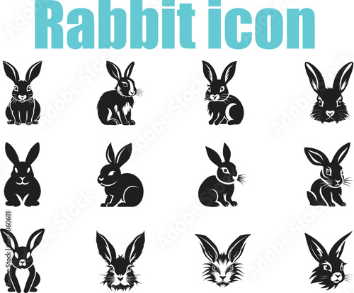 Rabbit Icon Set Vector, Cute Bunny Silhouette Icons Collection, Black and White Animal Symbols for Logo, App, and Branding Design