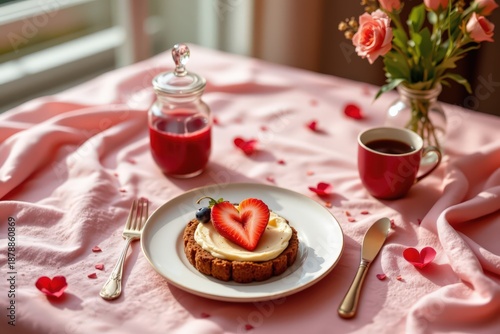 Romantic Valentine's Breakfast: Sweet Tart, Coffee, and Roses for Two